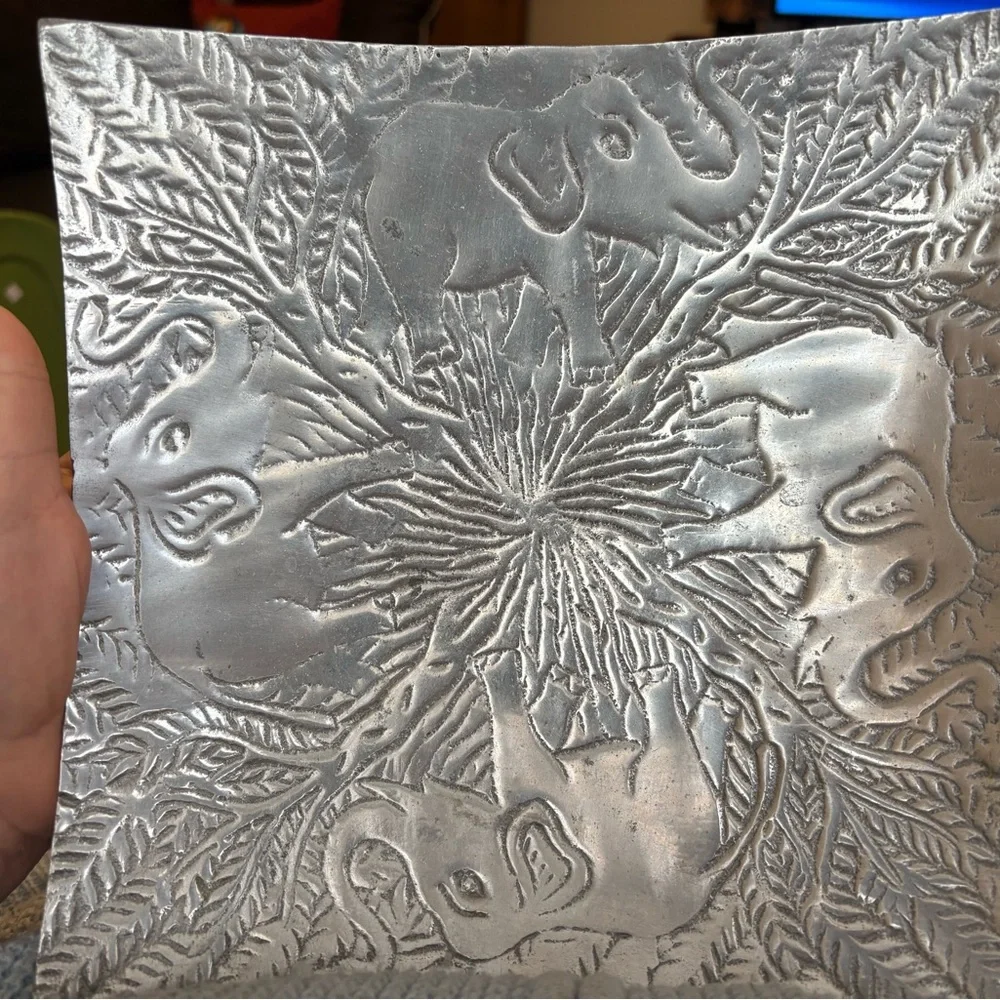 Aluminum Metal Plate/Tray w Elephant Design-9 1/2” x 9 1/2”.Made in India